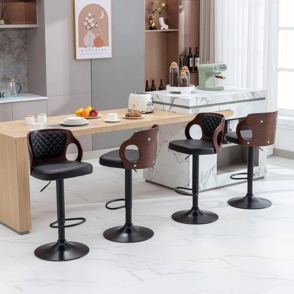 

Bar Stools Set of 4,Adjustable Counter Height Stools with Bentwood Back,Armrest&Footrest,Swivel PU Leather Bar Chairs