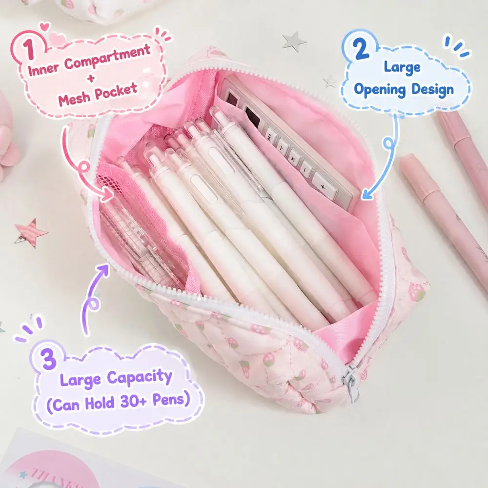 INS Cream Strawberry Print Pencil Case Handheld Large Capacity Pen Bag Quilted Zipper Stationery Bag Gift