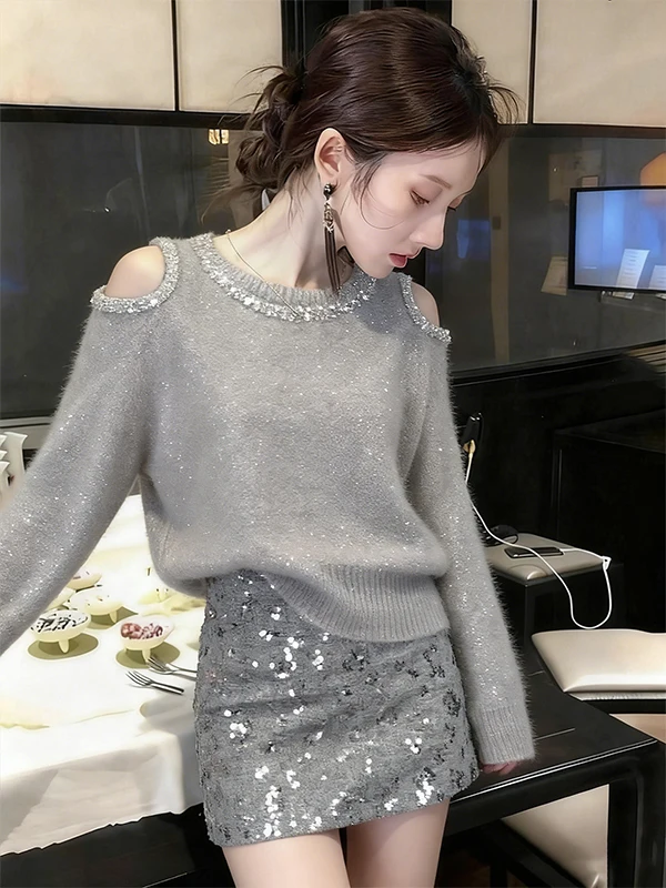 

ay Sequin Oversized oulder Bared Long Sve Knitted Sweater Women's Winter Faion Korean Design Slimming High Waist