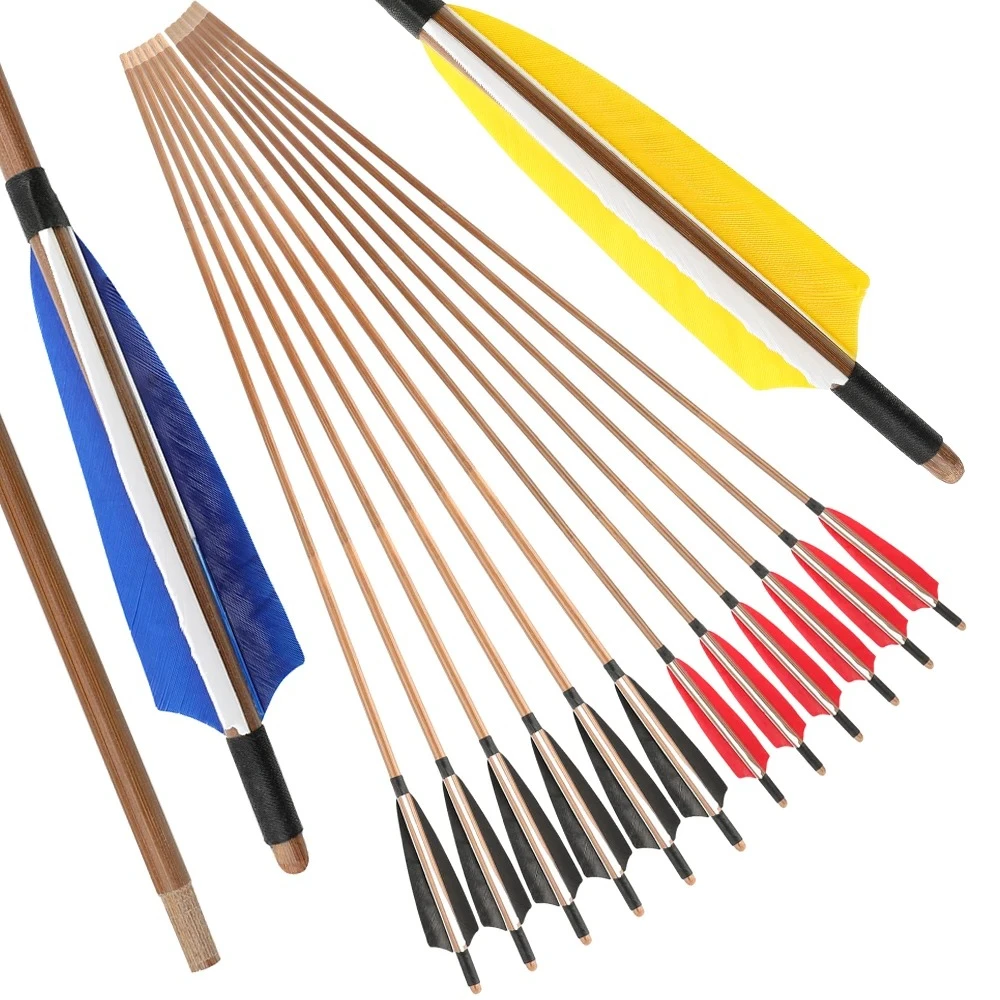 

6/12 шт., бамбуковая стрела для стрельбы из лука, диаметр 32,5 дюйма, 8 мм, стержень, слот для наконечника, 5 дюймов, перья индейки для традиционного длинного лука, охоты, стрельбы