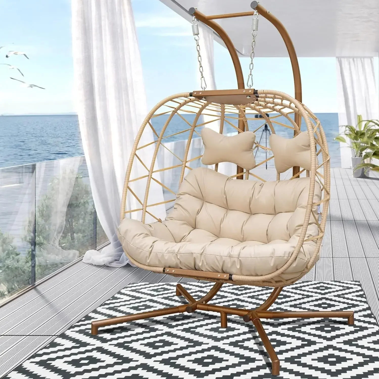 Indoor Outdoor Oversized Double Hanging Egg Chair with Stand, Foldable , PE Wicker Loveseat Hammock Chair (Beige/Beige, 2 Seats)