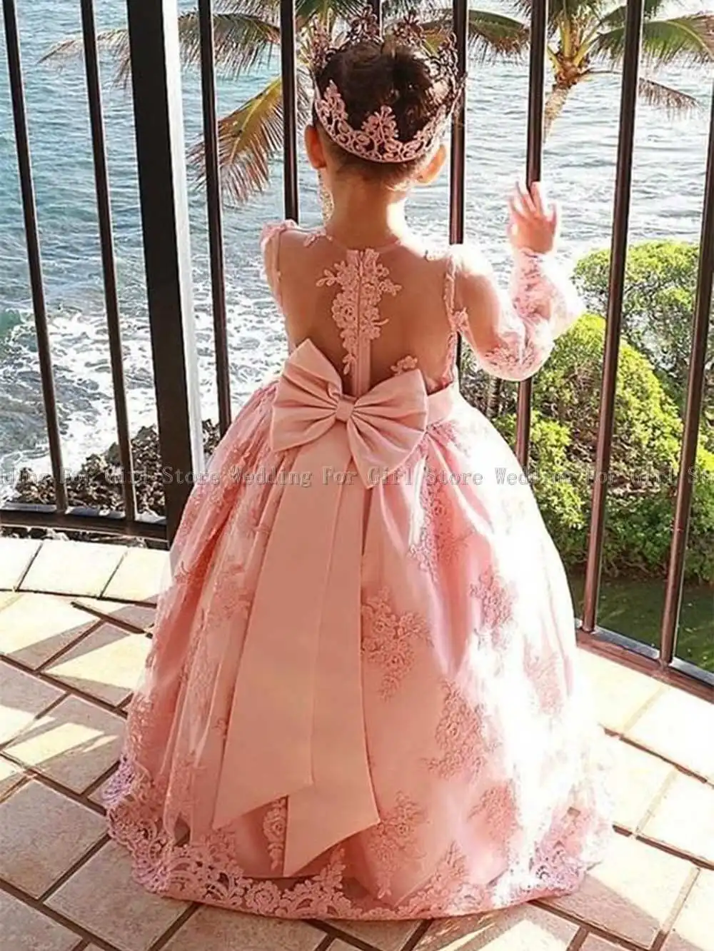 Pink Flower Girl Dresses Lace Appliques Sheer Long Sleeve For Wedding Birthday Evening Holy Communion Gowns