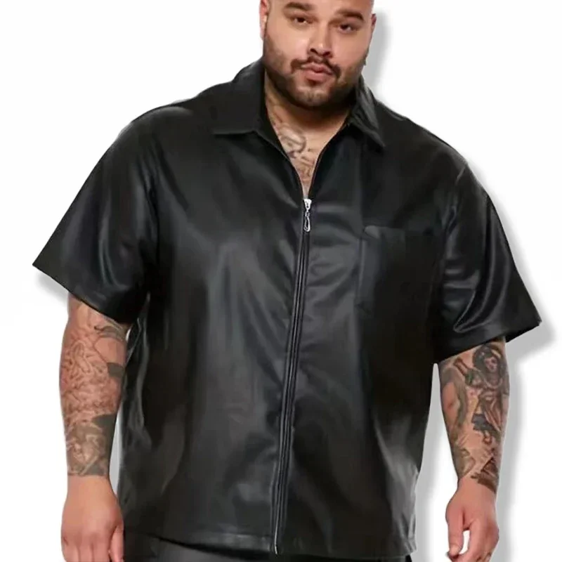 

Men's Black Matte Leather T-shirt 6XL Vintage Short Sleeve Jacket Top 8XL Male Laple Zip Jacket PU Coat 7XL Clubwear Custom 5XL