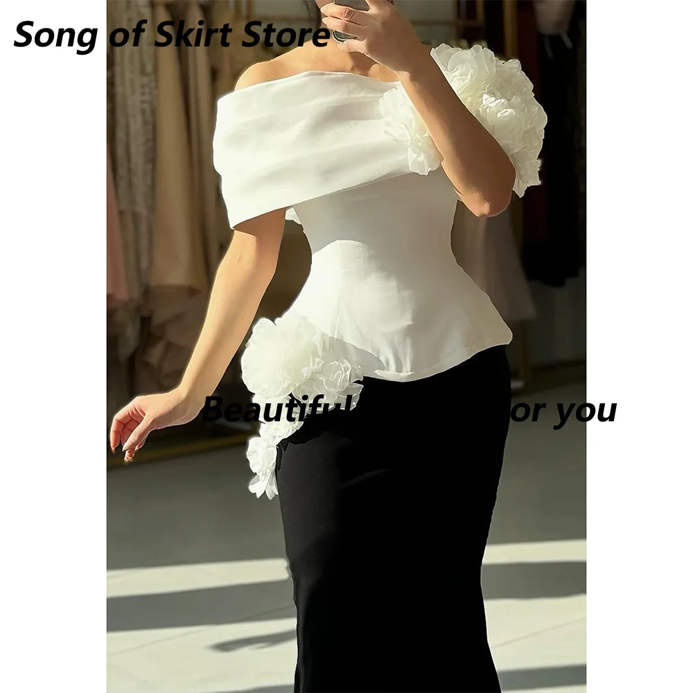 White Black Fashion Prom Dress Customized Off The Shoulder Pleated Flwoer Mermaid Sleeveless Floor-Length Formal Gowns