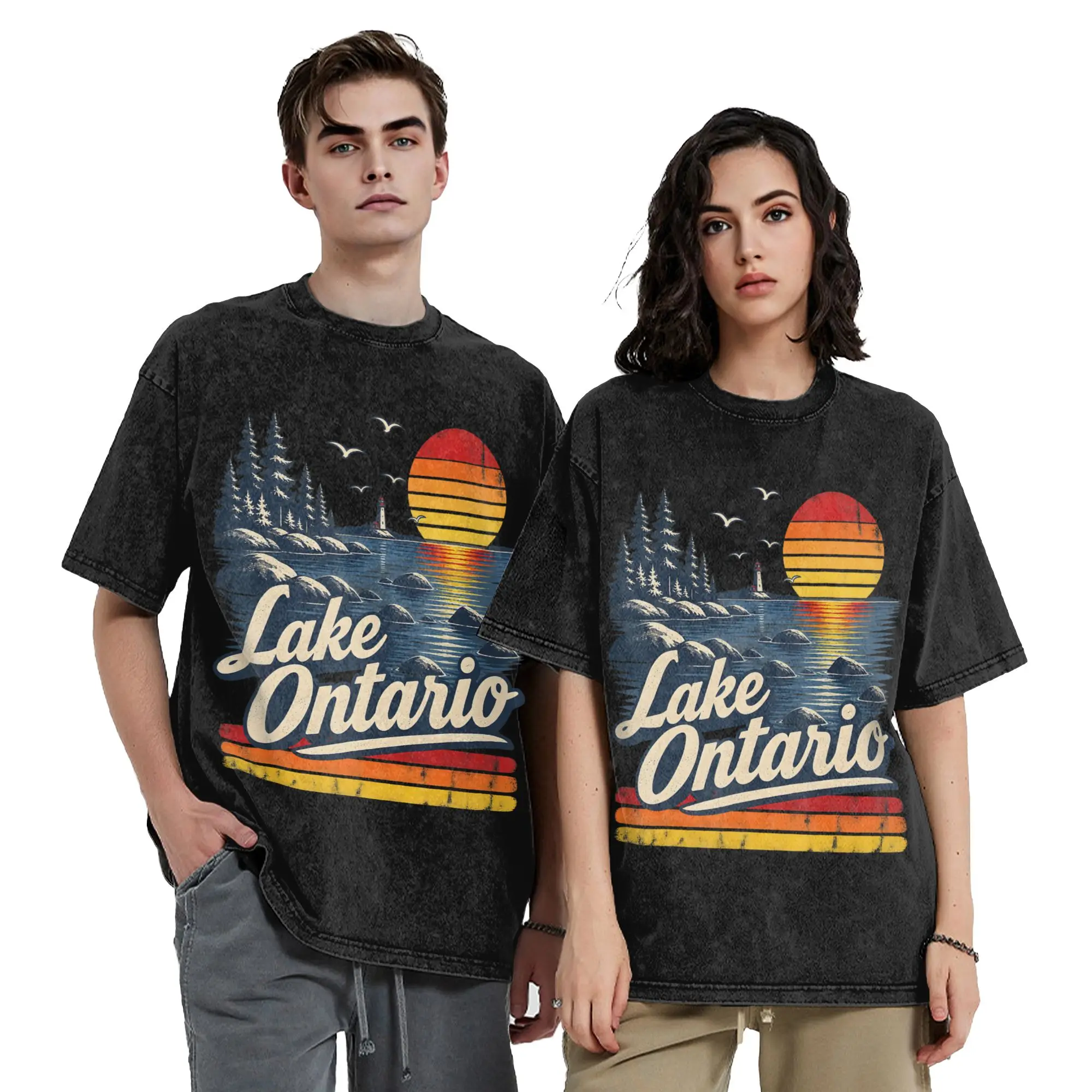 Retro Sunset Great Lakes Lake Ontario Washed T Shirt Streetwear Hip Hop Vintage T-Shirt Top for Men Women Cotton Oversize Summer