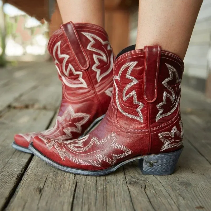 Vintage Embroidery Cowboy Woman Boots 2023 Autumn Winter Thick Heels Ankle Boots For Women Red PU Leather Western Botas Mujer