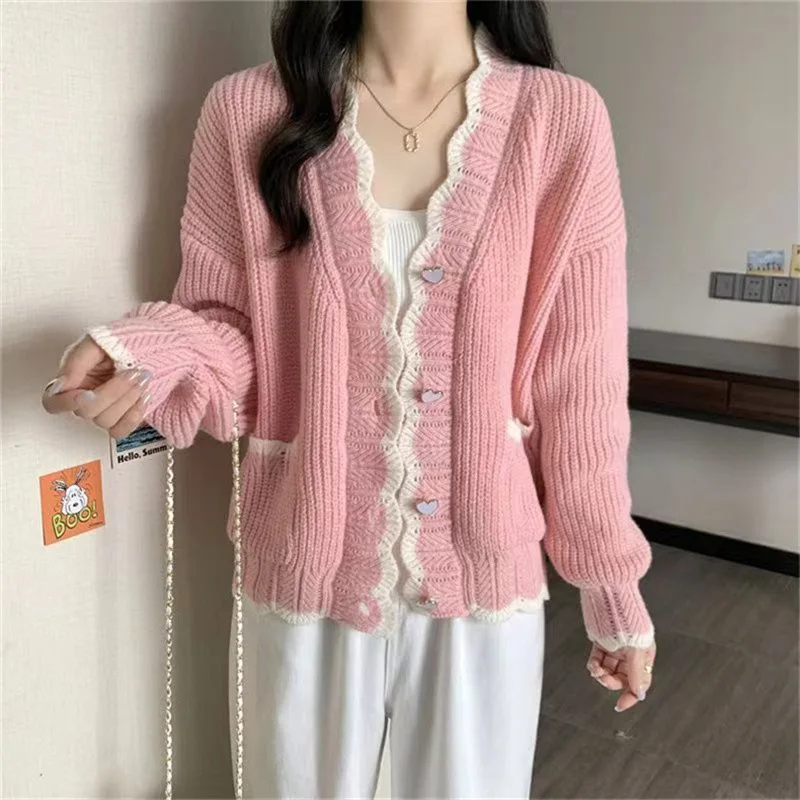 Sweet V-neck Heart-shaped Button Knitted Cardigan Sweater Loose-fit Top For Women Autumn New Style Soft Supple E2482