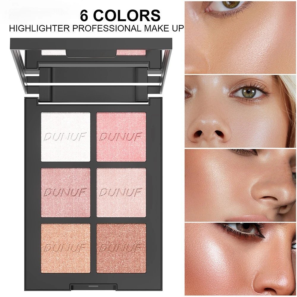 Paleta rozświetlaczy z 6 kolorami perłowych, rozświetlających cieni do twarzy i ciała, zestaw do makijażu z efektem połysku, do nosków, kości policzkowych, do codziennego użytku z lusterkiem.