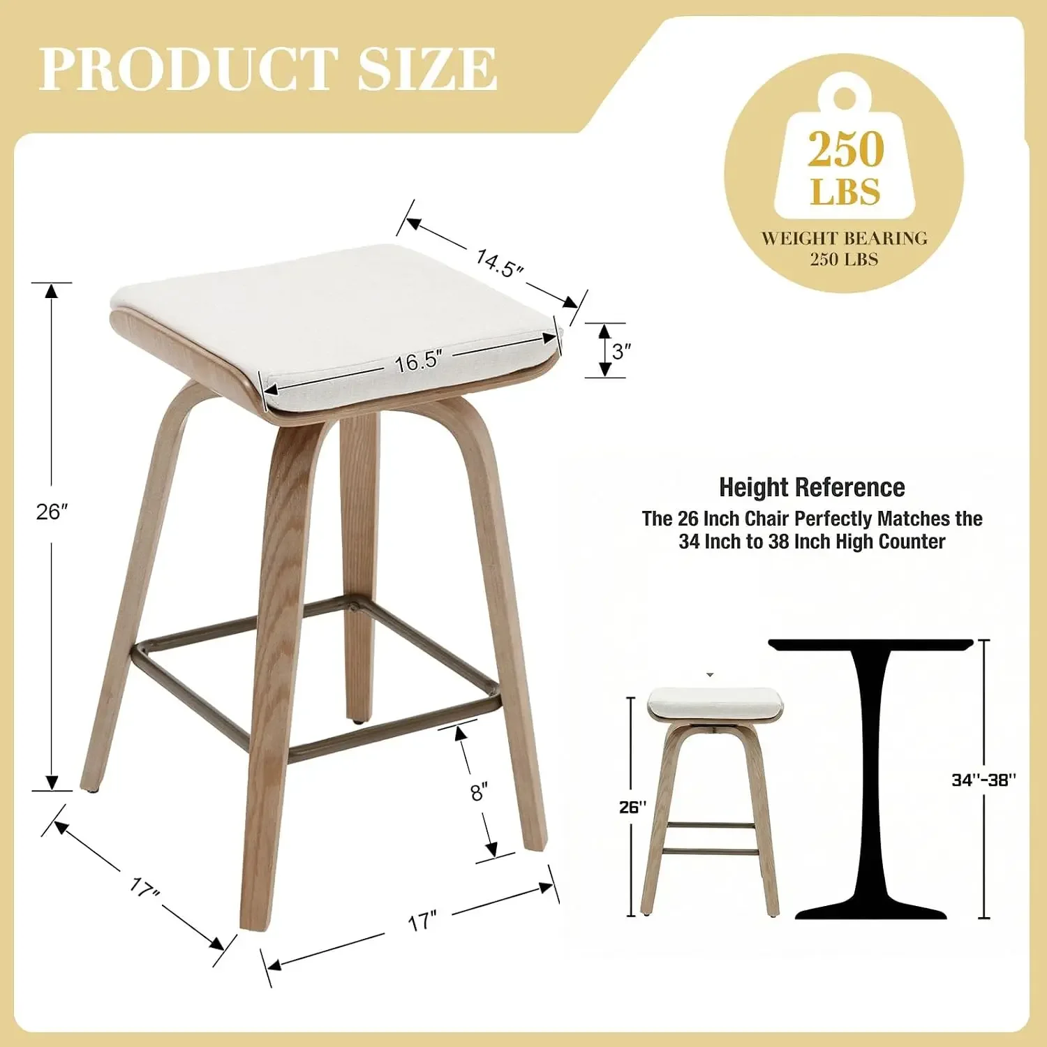 Swivel Backless Bar Stools Set of 4 for Island Kitchen, 26 Inch Modern Backless Wood Counter Height Bar Stools, Customized
