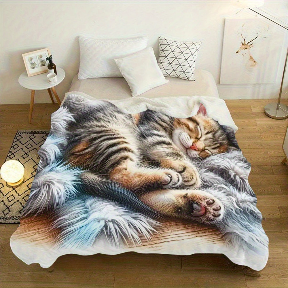 Cute Cat Printed Fuzzy Blanket , Warm and comfortable throw blanket sofa bed sofa camping trip, the best gift.