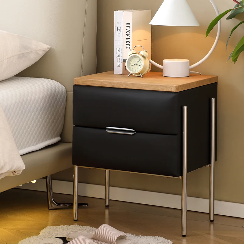 

Stainless Steel Bedside Table with Solid Wood Top Modern Industrial Nightstand with 2 Drawers Storage Cabinet for Bedroom