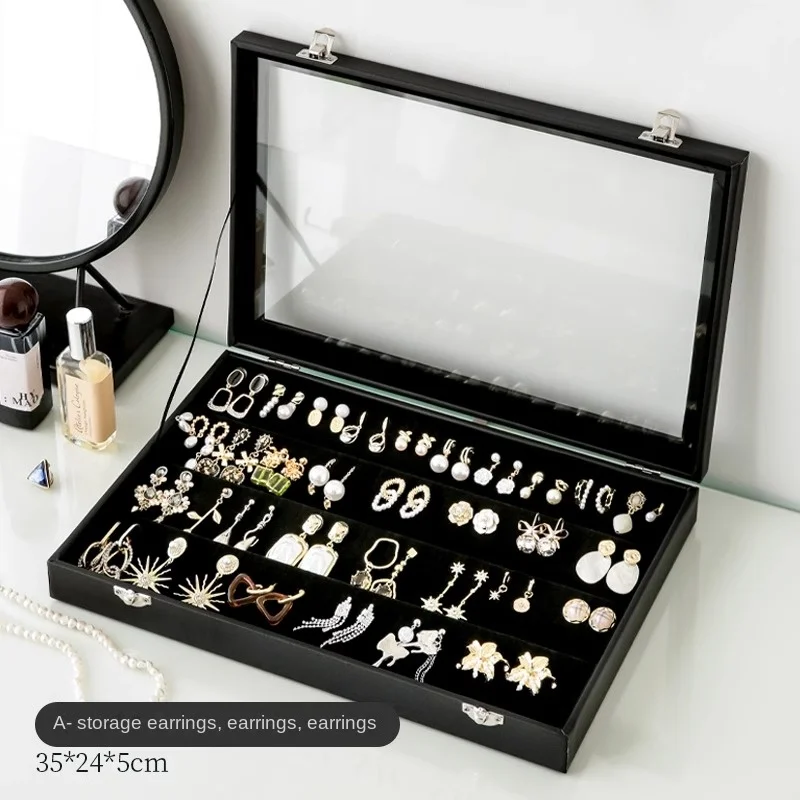 Stijlvolle zwarte sieradenopbergdoos voor oorbellen, kettingen, ringen, armbanden en andere accessoires met transparant glazen deksel