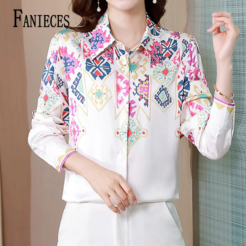 

FANIECES Runway Luxury Pink Print Tops camisas Shirts for Women Blouses Long Sleeve Ladies Turn Down Collar Button Blusas mujer