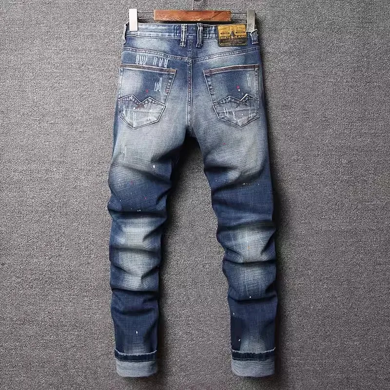 Fashion Designer Men Jeans High Quality Retro Blue Stretch Slim Fit Printed Ripped Jeans Men Painted Vintage Denim Pants Hombre
