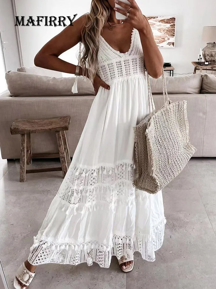 2024 Casual Summer Lace Slim Dress Sexy Women V Neck Hollow Out Party Dress Elegant Lady Solid White Streetwear Buttons Dresses