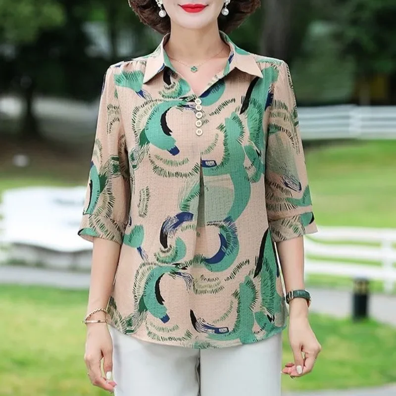 

2023 Summer Women's Pullover Printings Square Collar Half Sleeve Floral Button Chiffon Shirt Loose Elegant Fashion Vacation Tops