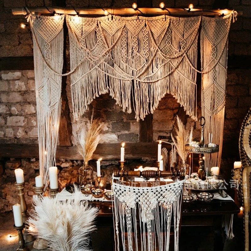 Nordic Bohemian Fringe Cotton Rope Tapestry 2m Wide, Hand Woven Door Curtain for Wedding Background & B&B Ornament