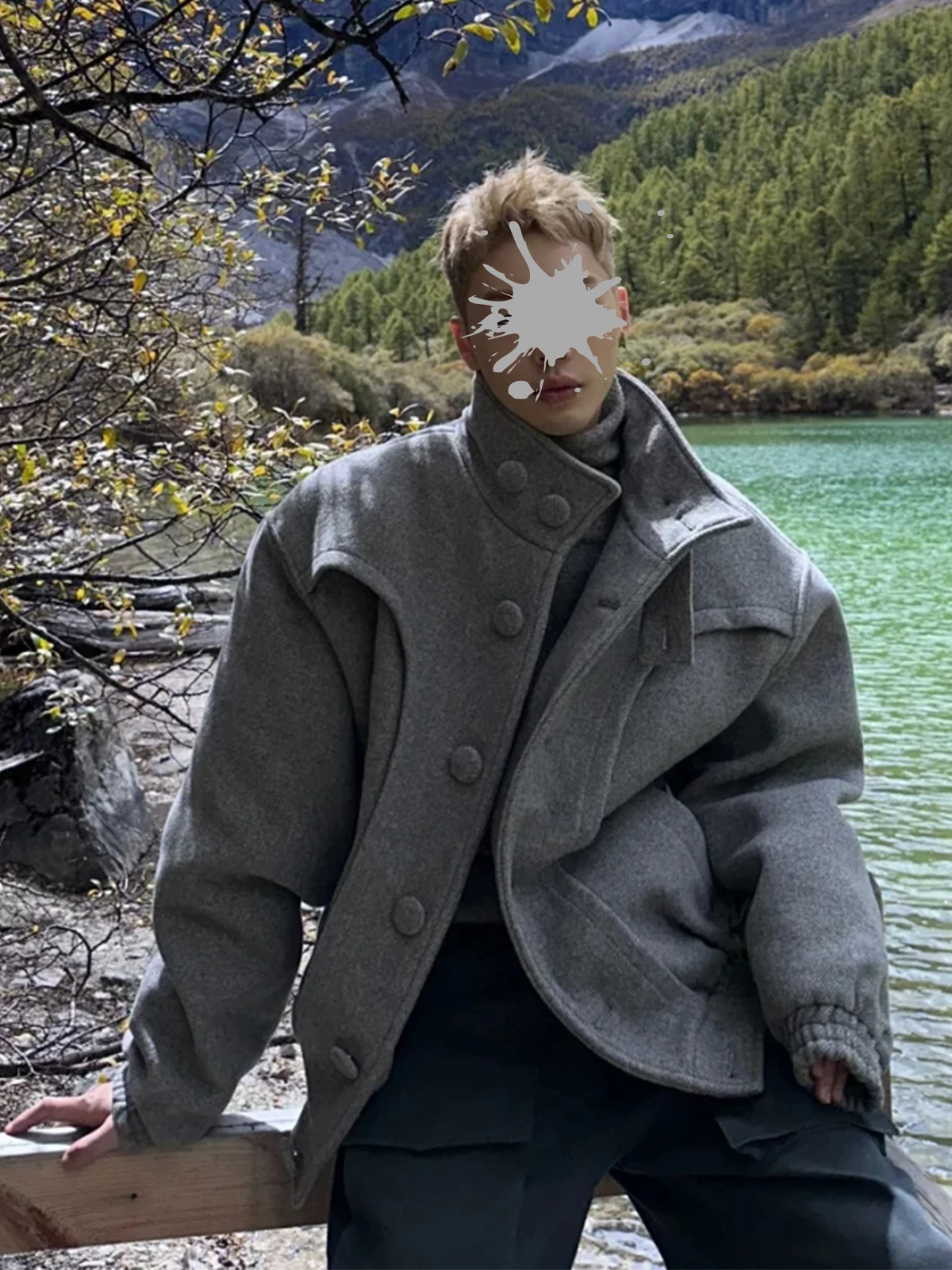 

Thiened Stand Collar Jaet Men's Loose Casual High-End Woolen Coat Trendy Lazy Sle Autumn Winter Outerwear