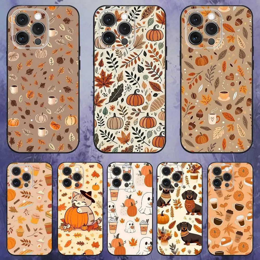 

Autumn leaves and pumpkins Phone Case For iPhone 16e,16,15,14,13,12,11,Pro,X,XS,Max,XR,Plus,Mini Soft Black Cover
