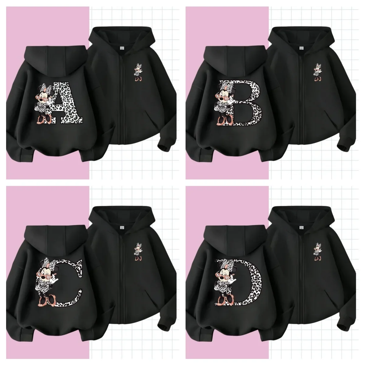 

Minnie Letter A B C D Children zipper hoodie Kawaii Disney Clothes for Girls T Shirt Anime Cartoons Casual Kid Boy long sweater