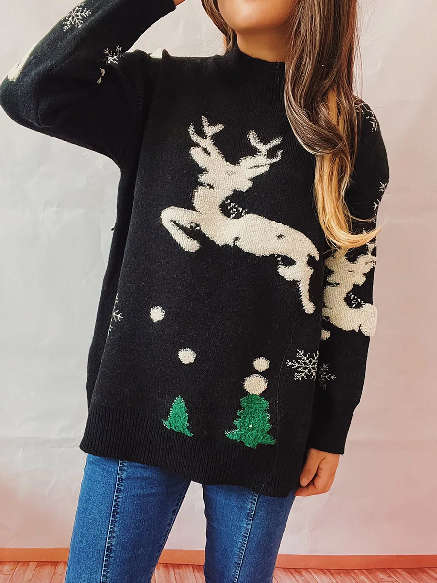 Women\'s Christmas Tree Fawn Knit Sweater Women\'s Elk Pattern Small Turtleneck Long Sleeve Knit Winter Wear Red/Black S/M/L/XL