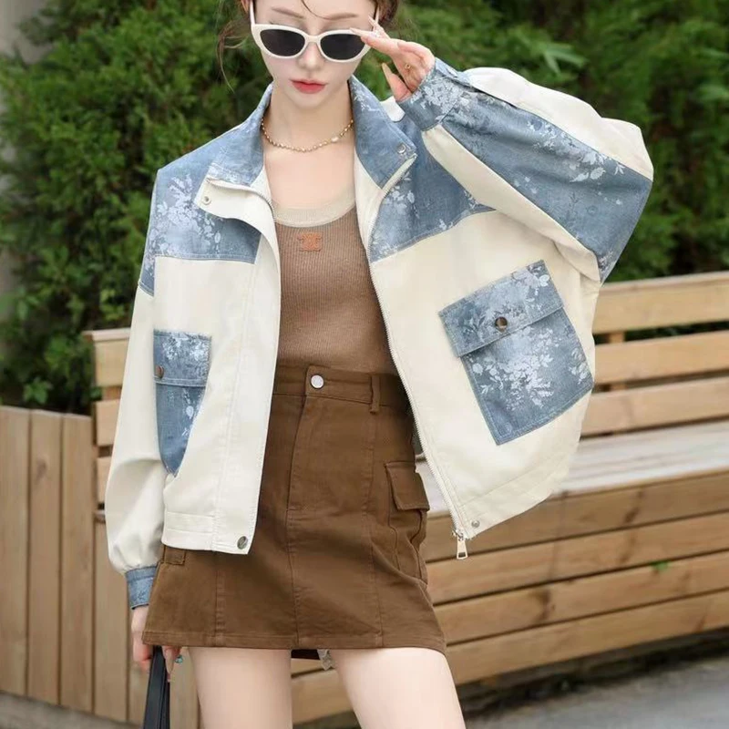 QOERLIN Autumn Winter PU Leather Jacket Coat Women Stand Collar Long Sleeve Short Jacket Coat Patchwork Overcoat Oversize Coat