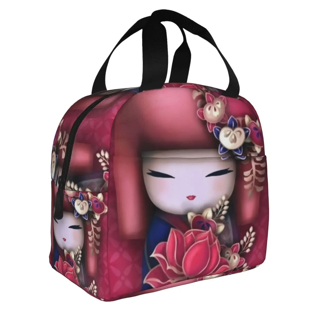 Custom Japanese Girl Sakura Kokeshi Doll Lunch Bag Men Women Warm Cooler Insulated Lunch Box for Kids School Children