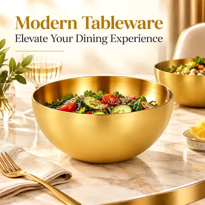 Korean Style Golden Stainless Steel Bowl, Large Capacity Salad Mixing Bowl for Kitchen Restaurant