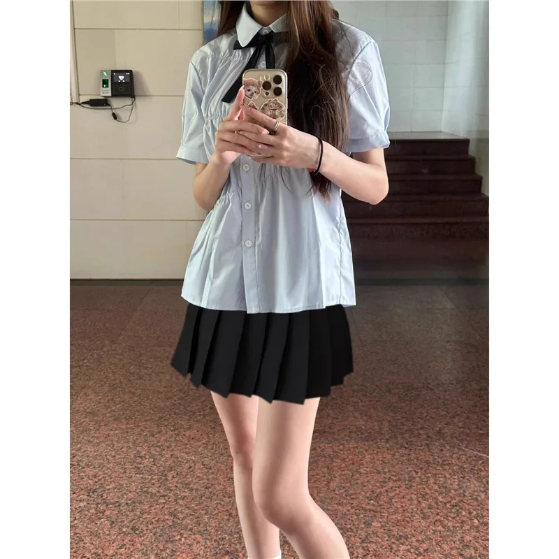 Women Popular Trend Lovely Turn Down Collar Short Sleeve Top Fashion Solid Color Polo Shirts Blue Folds Korean Preppy Style