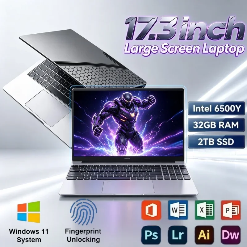 17.3 Inch Large Screen Notebook Computer Intel 6500Y Windows 11 32GB RAM 2TB SSD Fingerprint Unlock Laptop For Daily Work Gaming