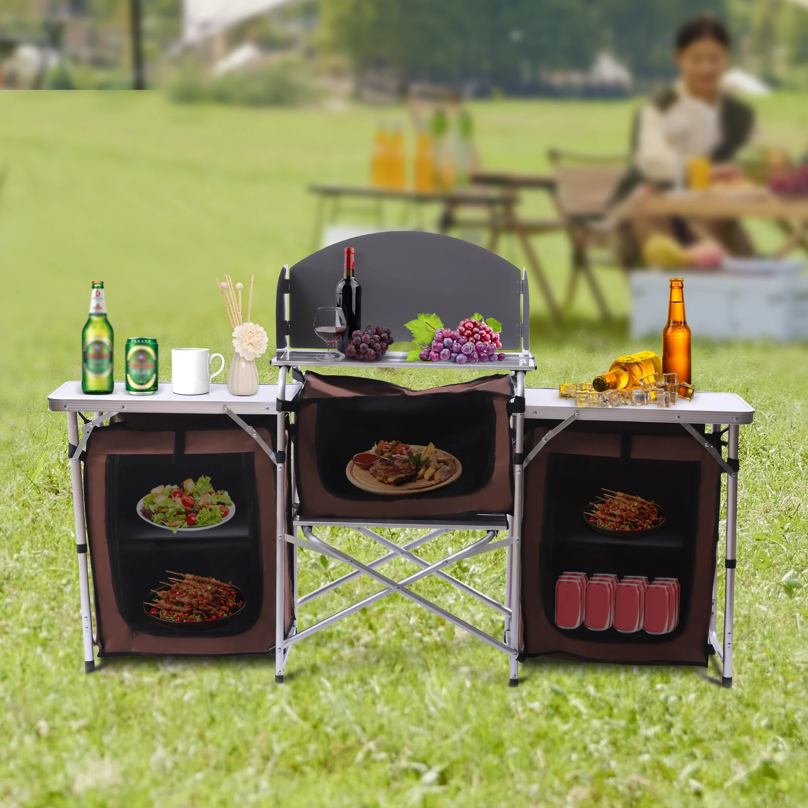طاولة مطبخ للتخييم قابلة للطي في الهواء الطلق، زجاج أمامي ثلاثي الجوانب، محطة طهي محمولة خارجية للشواء والنزهات #4