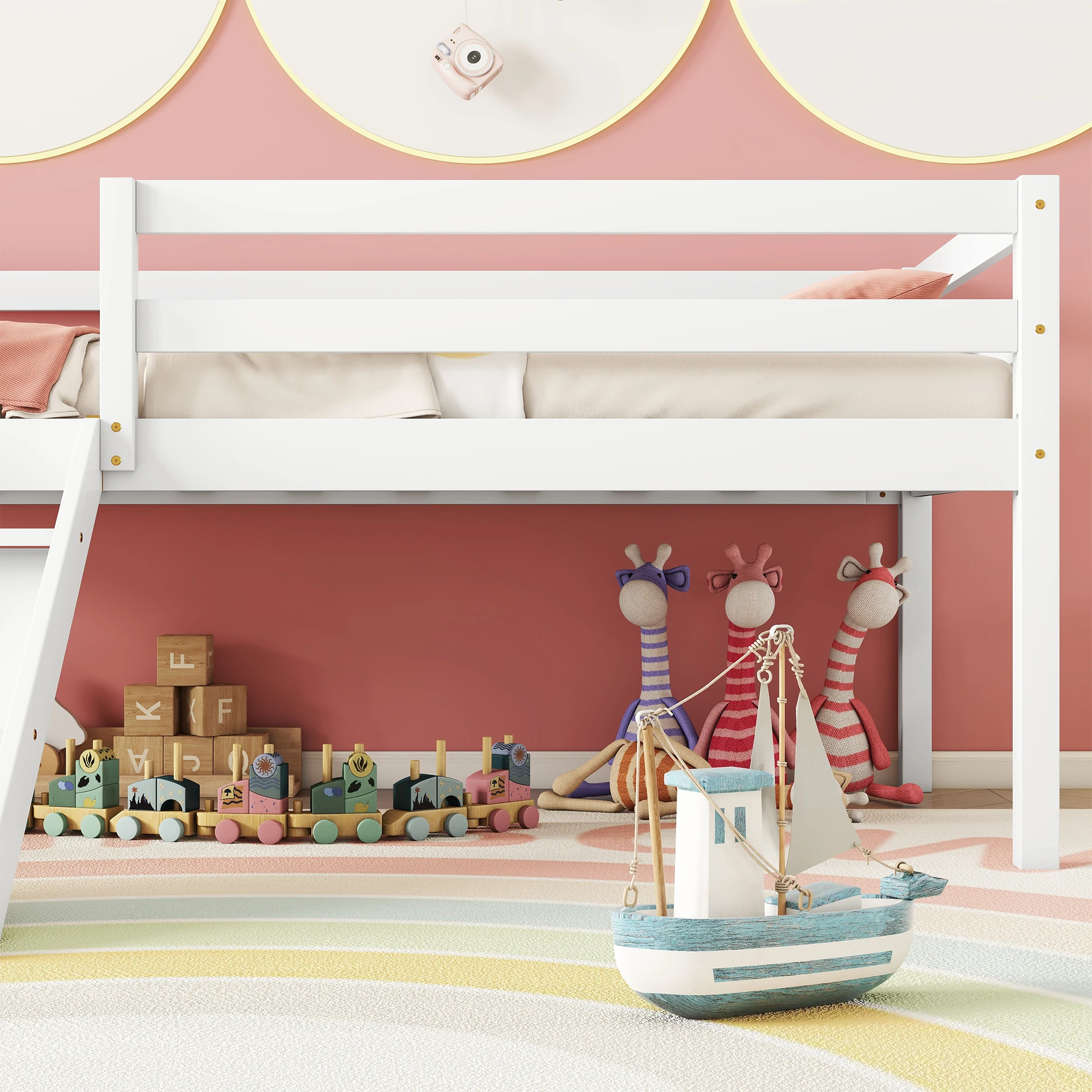 Twin Low Loft Bed with Slide, Ladder, Safety Guardrails, No Box Spring Needed, White  79.50x67.60x31.50 in. image 5
