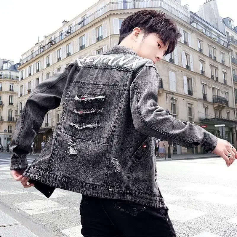 Biker Men's Denim Jacket Motorcycle Male Jean Coats Gray Punk Autumn Button of Fabric Casual Low Cost Trendy in Lowest Price G