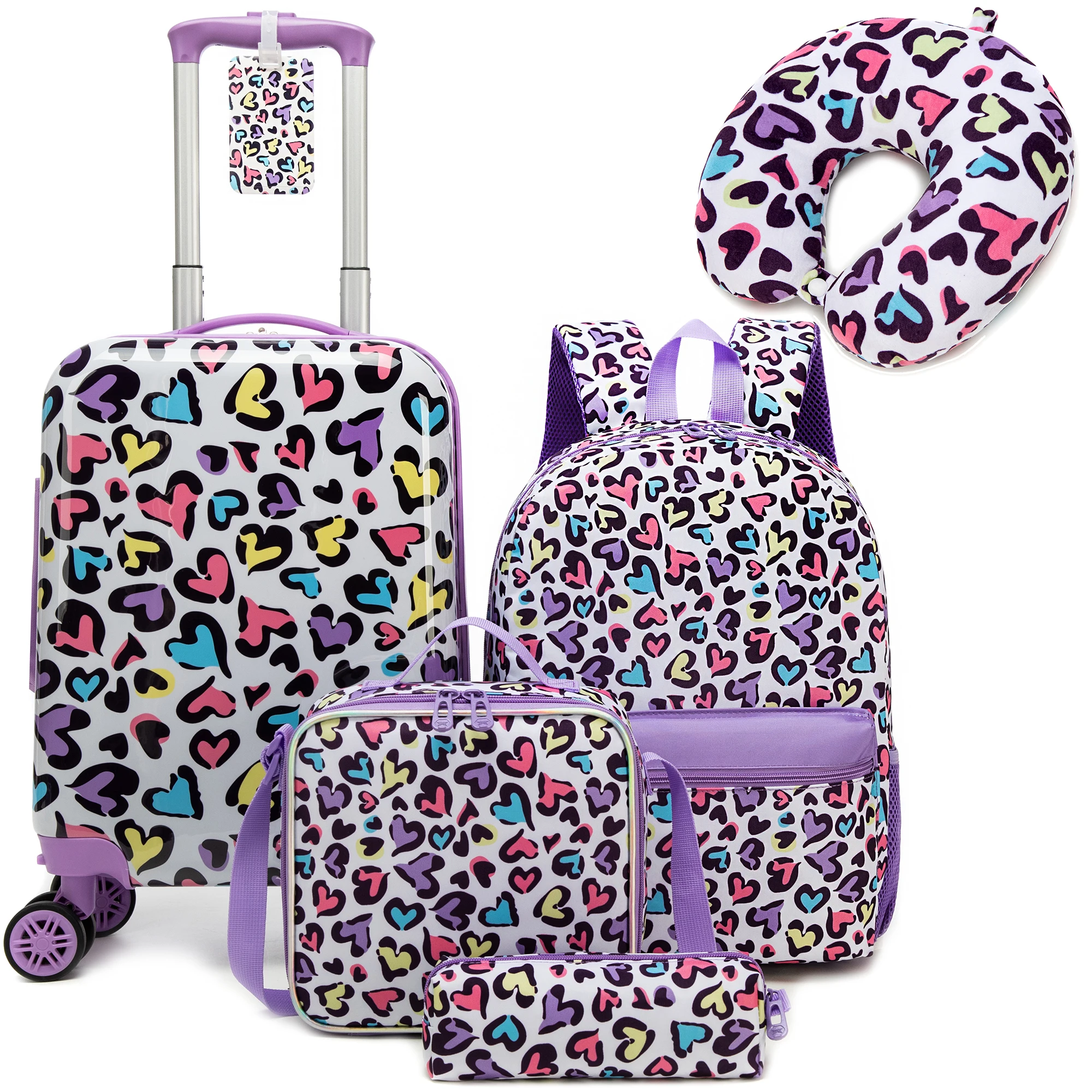 

5PCS Cute Luggage Set 16inch Hardside Luggage With Spinner Wheels Girls Carry On Toddler Luggage Travel Rolling Luggage