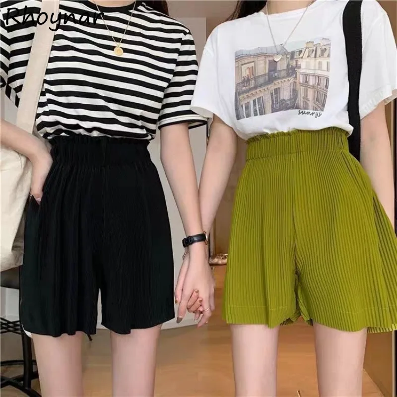 Pleated Shorts Women Summer Sweet Girls College Elastic Waist Baggy Leisure All-match Solid Simple Korean Style Trendy Fashion