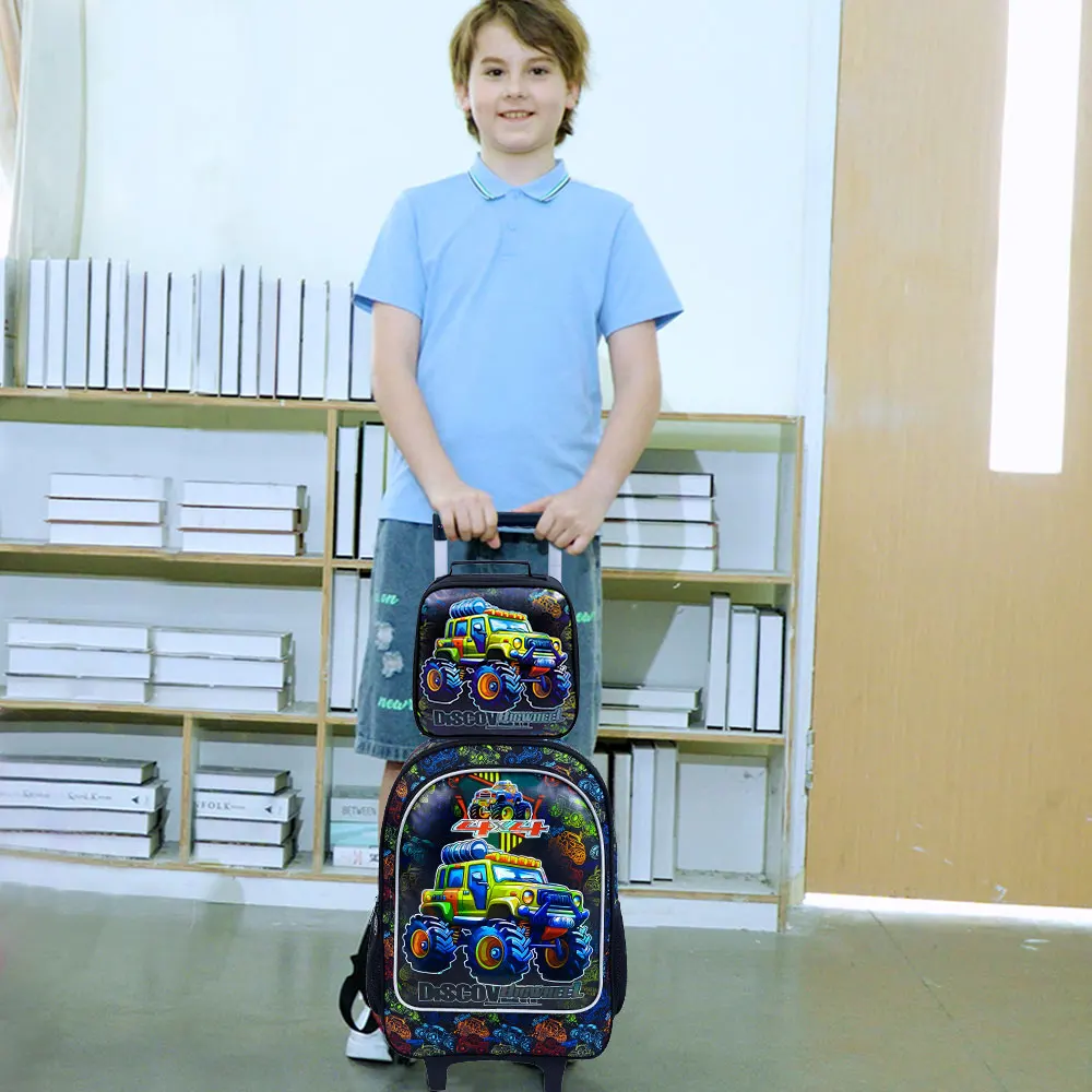 حقيبة ظهر دوارة مكونة من 3 قطع للفتيات والفتيان، حقيبة كتب بعجلات دوارة للأطفال، حقيبة مدرسية ابتدائية بعجلات مع حقيبة غداء #5