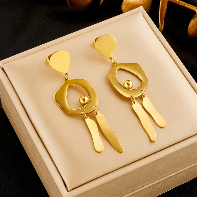 

Gold Tone 316L Stainless Steel Geometric Openwork Drop Earrings with Tassel Detail for Women