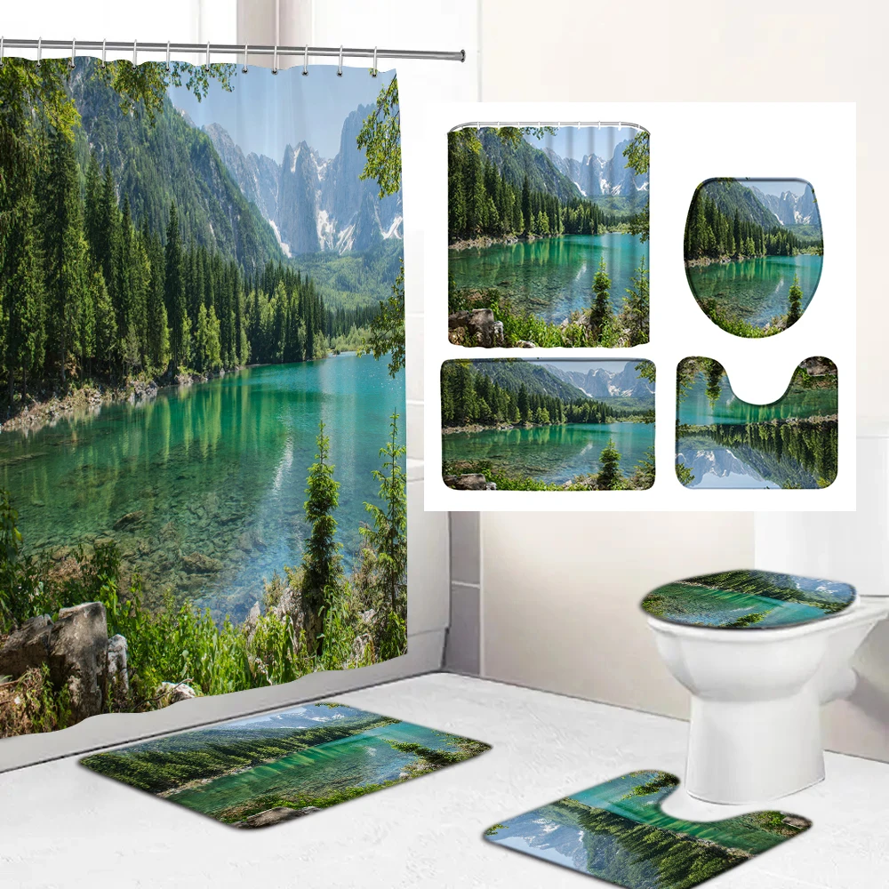 Natural Scenery Forest Waterproof Polyester Shower Curtain Set Anti-slip Soft Bath Carpet Mat Lid Toilet Cover Bathroom Set Deco