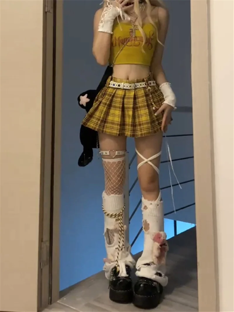 High Waist Plaid  Skirt Women's American Sle Spicy Girl Retro Gingham Skirt Autumn A-Line ort Skirt INS f-length S...