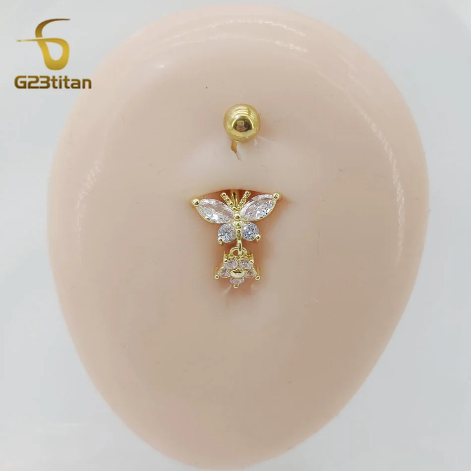G23titan Butterfly Flower Zircon Pendant Belly Button Ring 14G Titanium Steel Barbell Piercing Body Accessories Navel Jewelry
