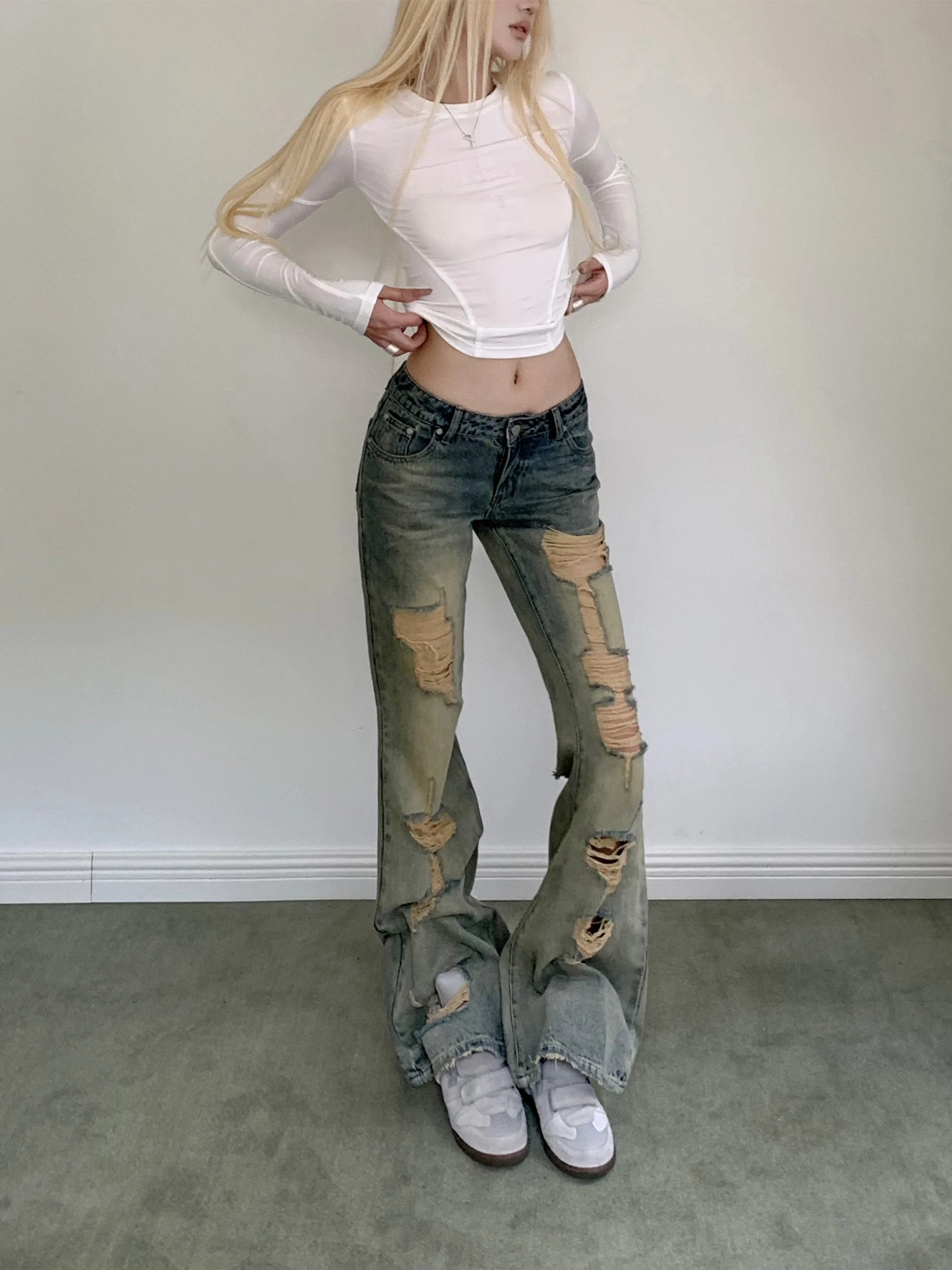 

Rase Le Sol Denning American Retro Hole Denim Jeans Low Waist Tight Micro Flare Pants Women's Fashion Casual Cotton