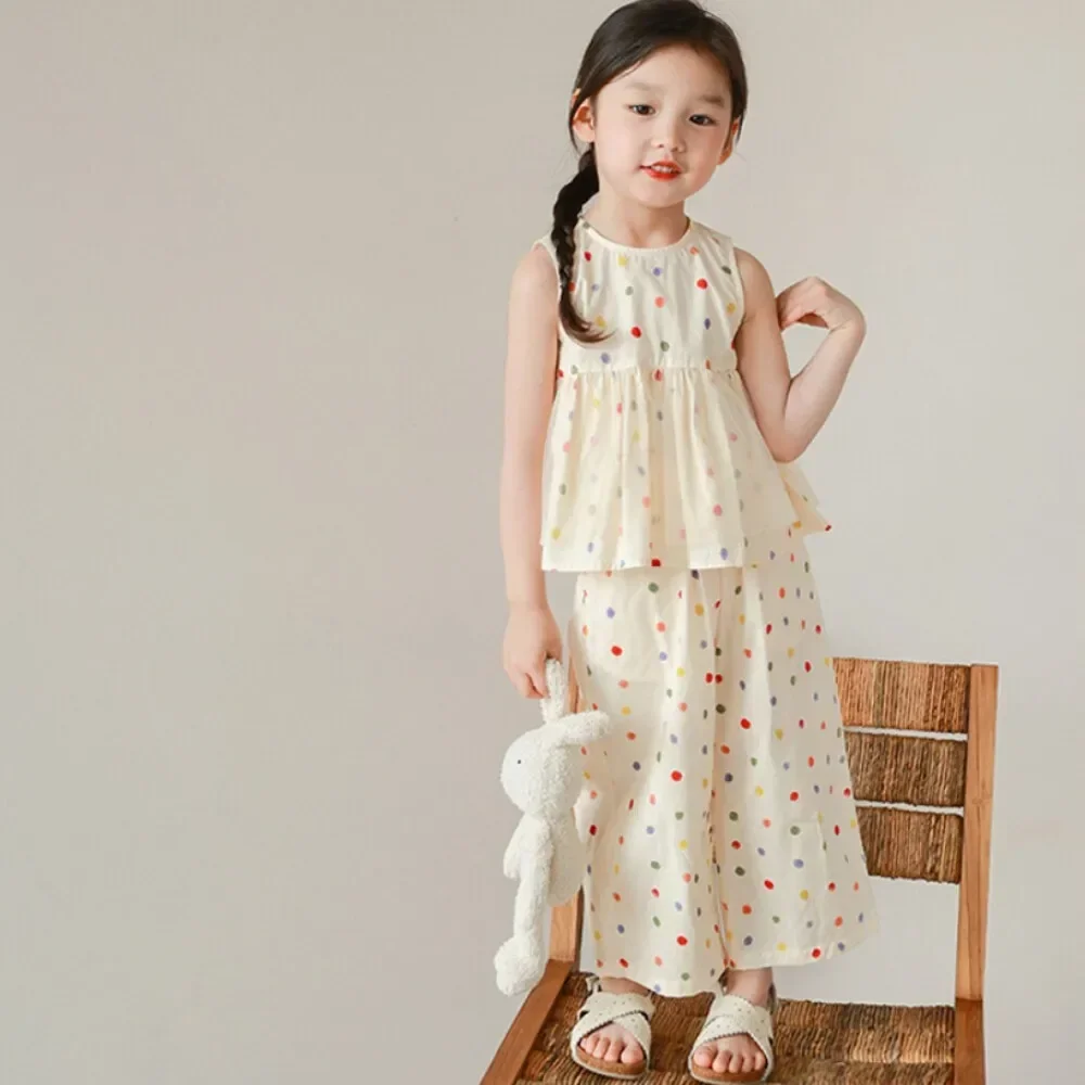 Summer Mesh Kids Sets Sleeveless Polka Dot Top + Wide Leg Pants 2 Pieces Suits Girls Clothing Casual Outfits 3-7 Y