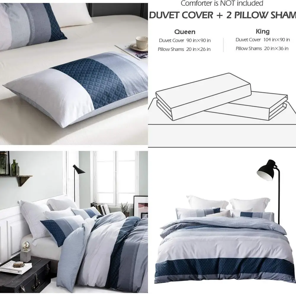 

King Size 600-Thread Cotton Navy & White Striped Reversible Patchwork Duvet Cover Set