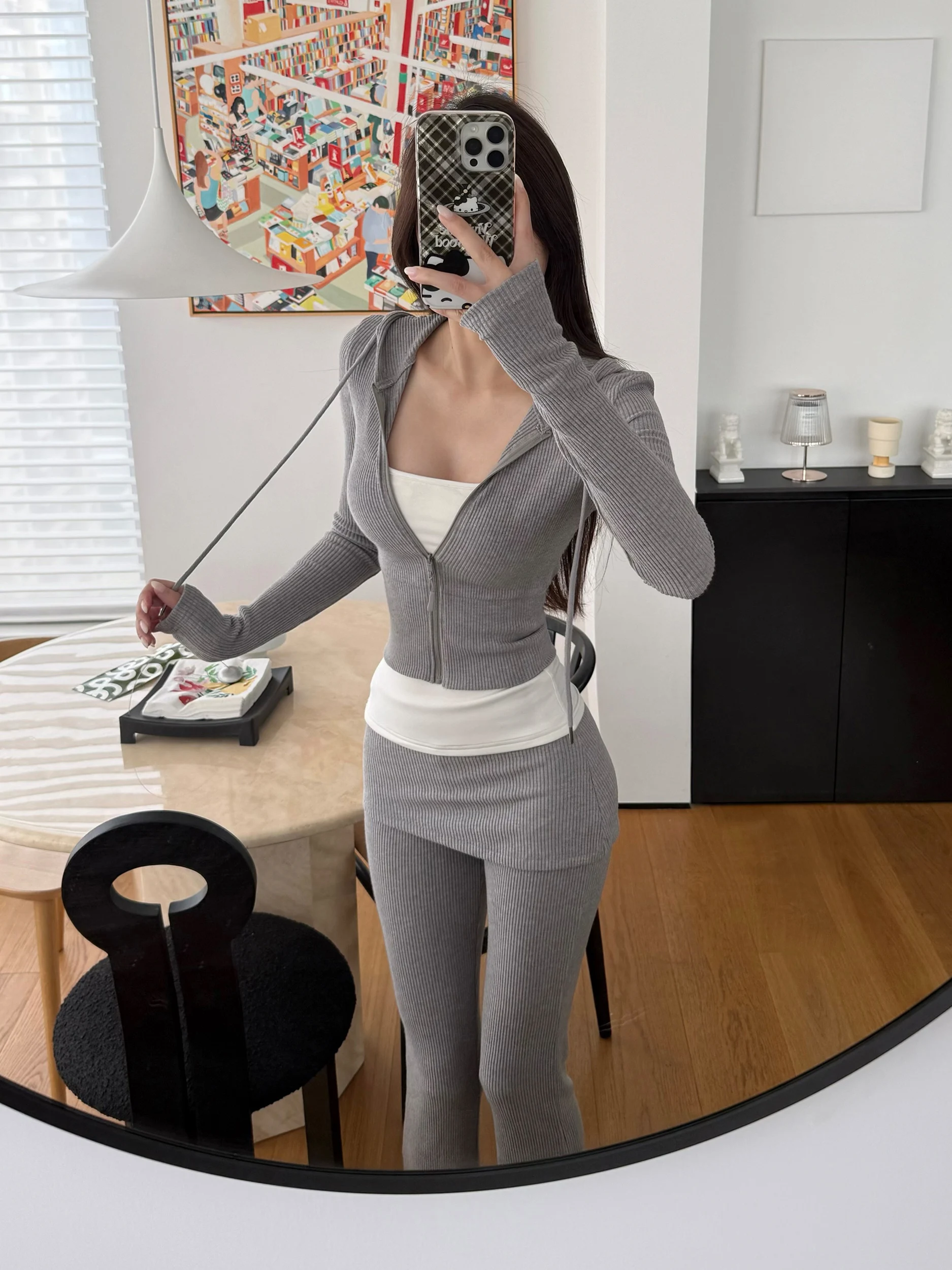 Autumn Winter Casual Women's Outfit Zhang Zi  Long Sleeve Hoodie And Micro Flared Pants Set Design Sense Stripe Pattern