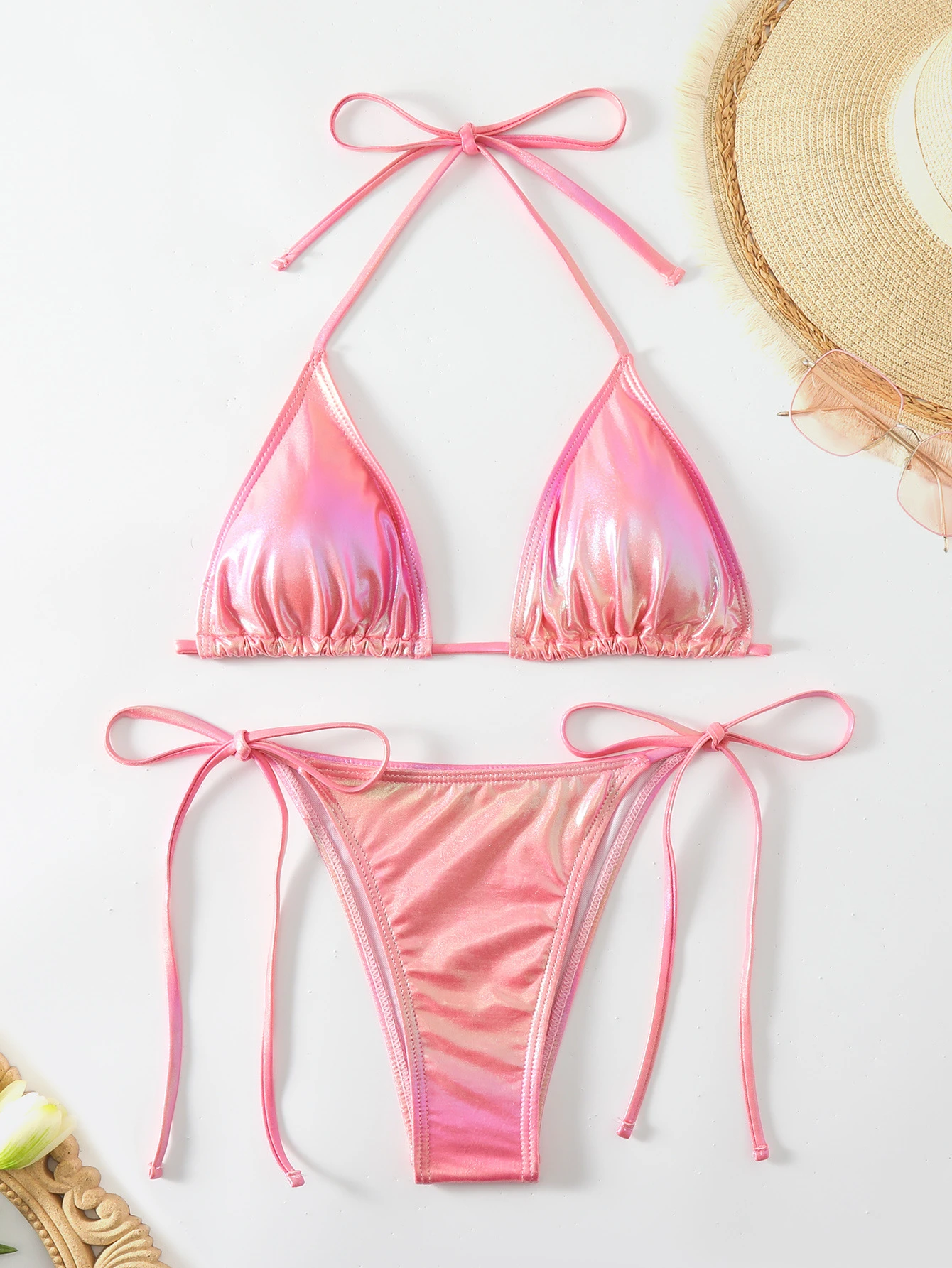 New String Sexy Bikini Pink Swimsuit Women Bikinis Set Summer Beachwear Feminine Swimwear Female Halter Bathing Suit