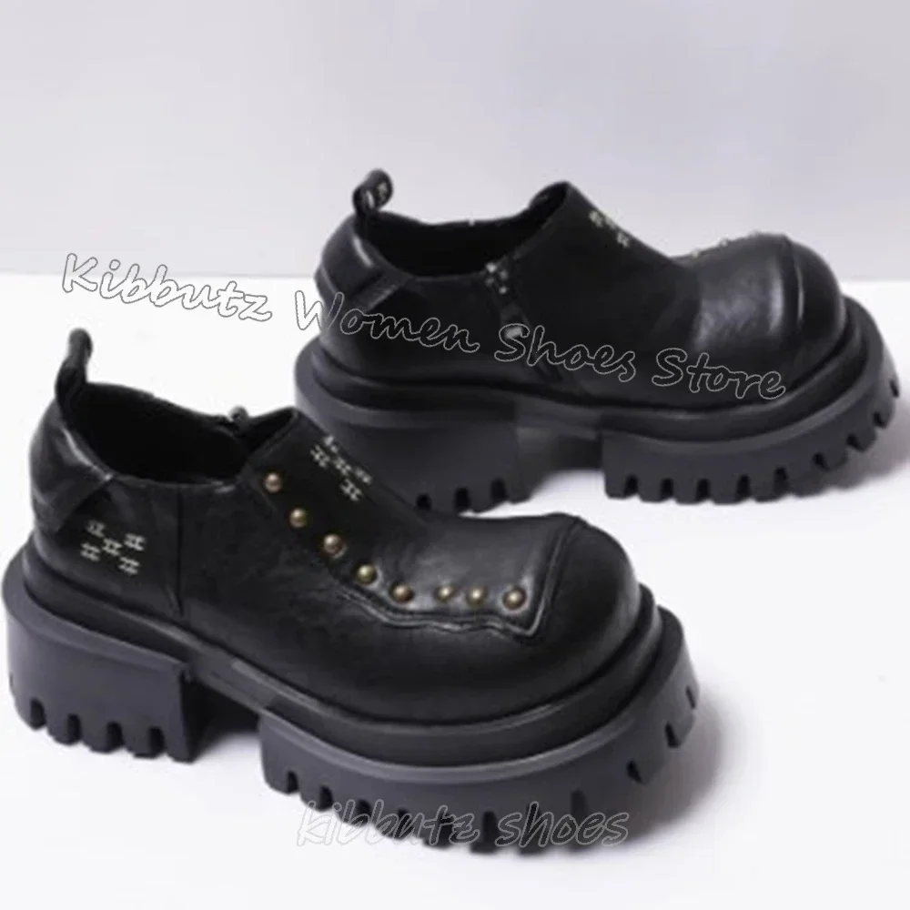 Rivets Pumps Platform Leather Mixed Color Big Round Toe Chunky Heels Slip-On Women Shoes Newest Fashion Concise Elegant Novelty