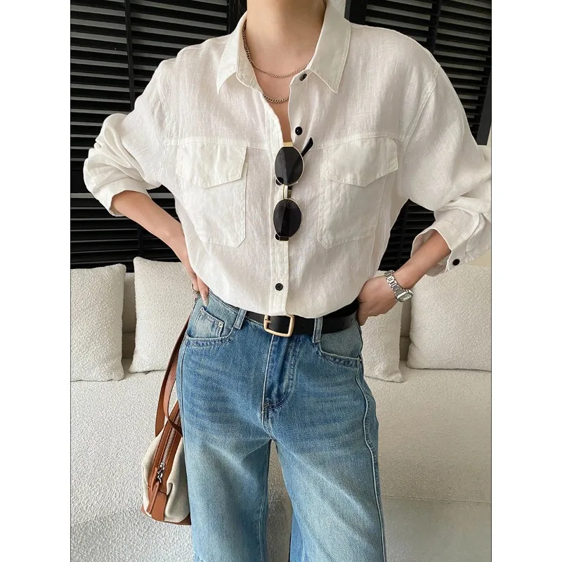

Женская белая рубашка из льняной смеси с пуговицами, отложным воротником и нагрудным карманом, свободного кроя, для лета и отпуска, модель KY7U