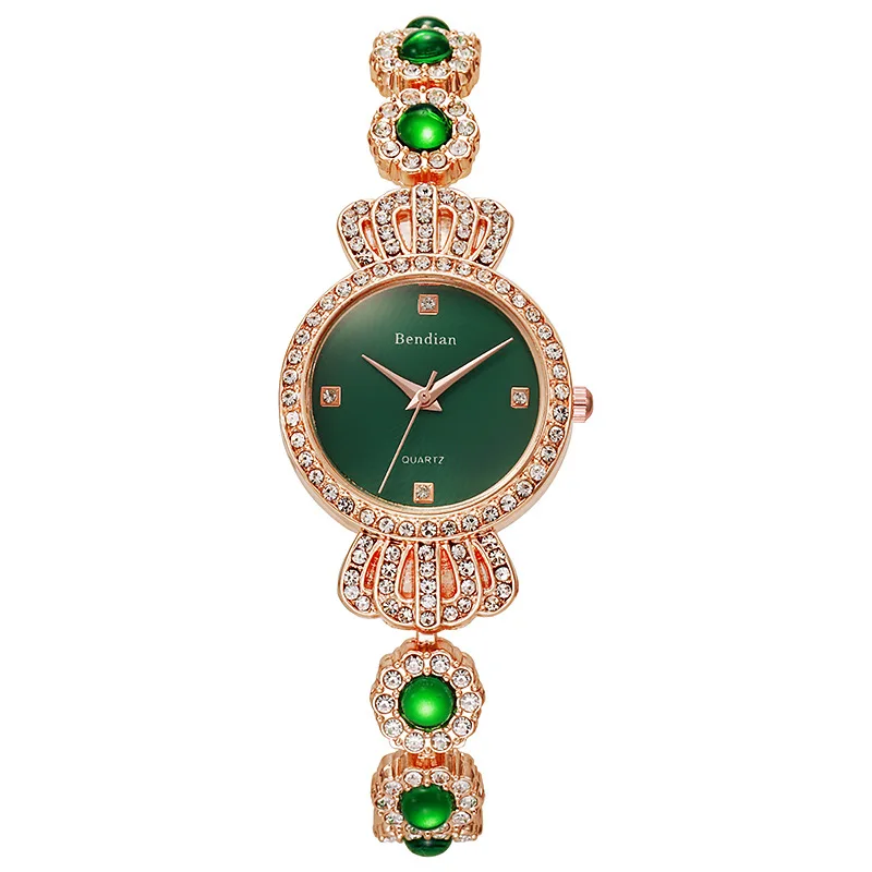 Fashion Luxury Emerald Green Bracelet Rose Gold Women Crown Bracelet Diamond Quartz Watch Dial Watch Girls Gift For Women