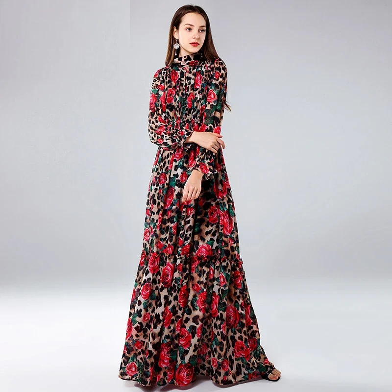 2023 moda seksowna wzór w cętki róża kwiatowy rękaw z elegancka, długa i wakacyjnymi sukienkami Maxi dla kobiet