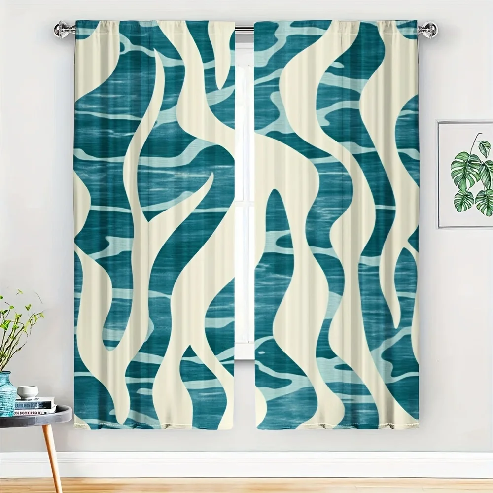 2PC Modern Abstract Wave Blue Curtains Coastal Beach Window Drapes Tropical Panel Set Decoration